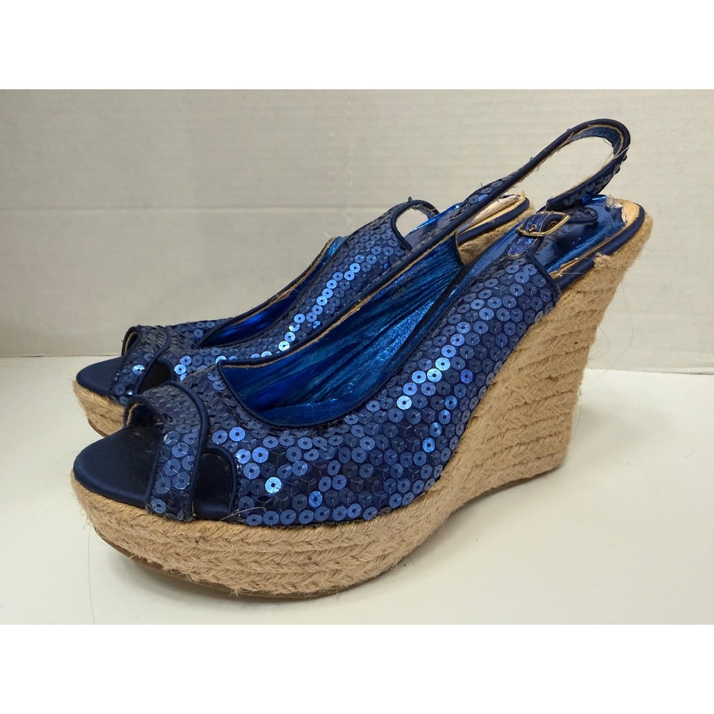 Zigisoho Blue Sequin Espadrille Wedge Sandals Slingback Peep Toe Platform Shoes
